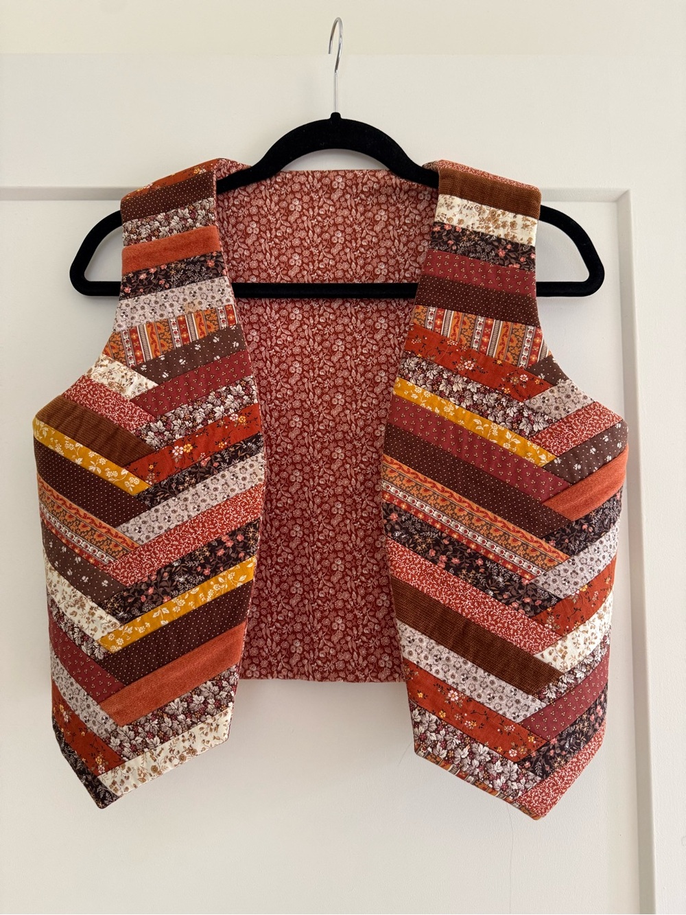 Handmade Patchwork Quilted Vest in Rust, Mustard & Brown